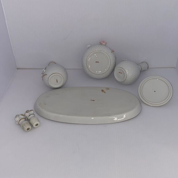 Vintage Porcelain Vanity Set Textured Hobnail White With 3D Floral Design Japan - Picture 8 of 12